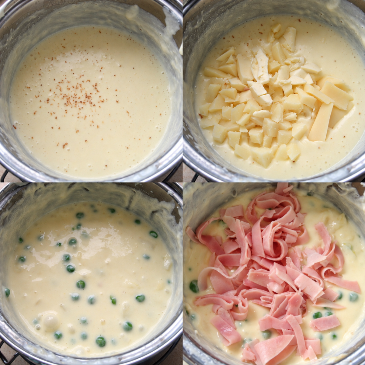 Cheese sauce prepared with Italian cheeses, peas and diced ham for Arancine al burro.