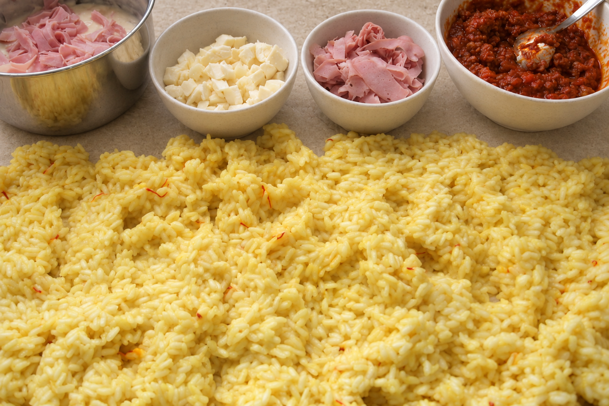 Cooled saffron risotto with mozzarella, ham and ragù ready for filling the rice balls.