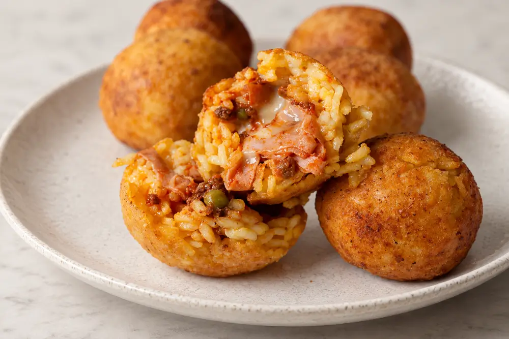 Fried Arancine cut open to show the ragù, peas and melted cheese filling.