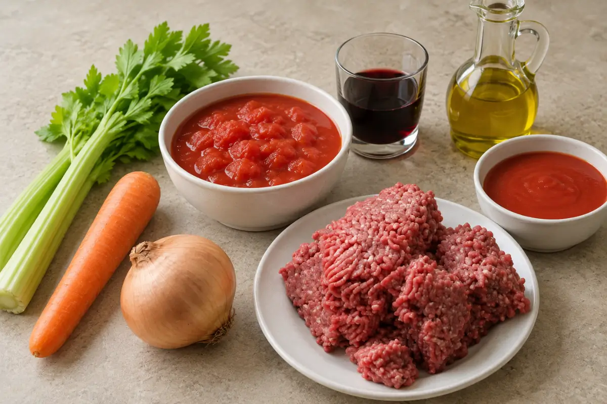 Beef mince, onion, carrot, celery, tomatoes, red wine and olive oil for the meat sauce.