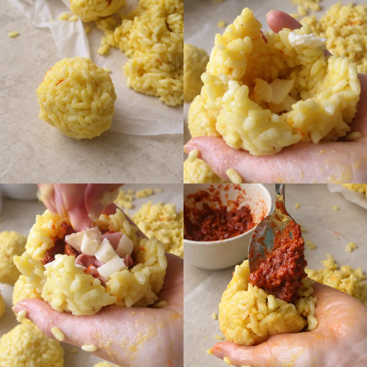 Saffron rice balls filled with ragù, mozzarella and mortadella before being closed.