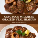 Close-up of Ossobuco Milanese with braised veal shanks, marrow bones, parsley and lemon zest.