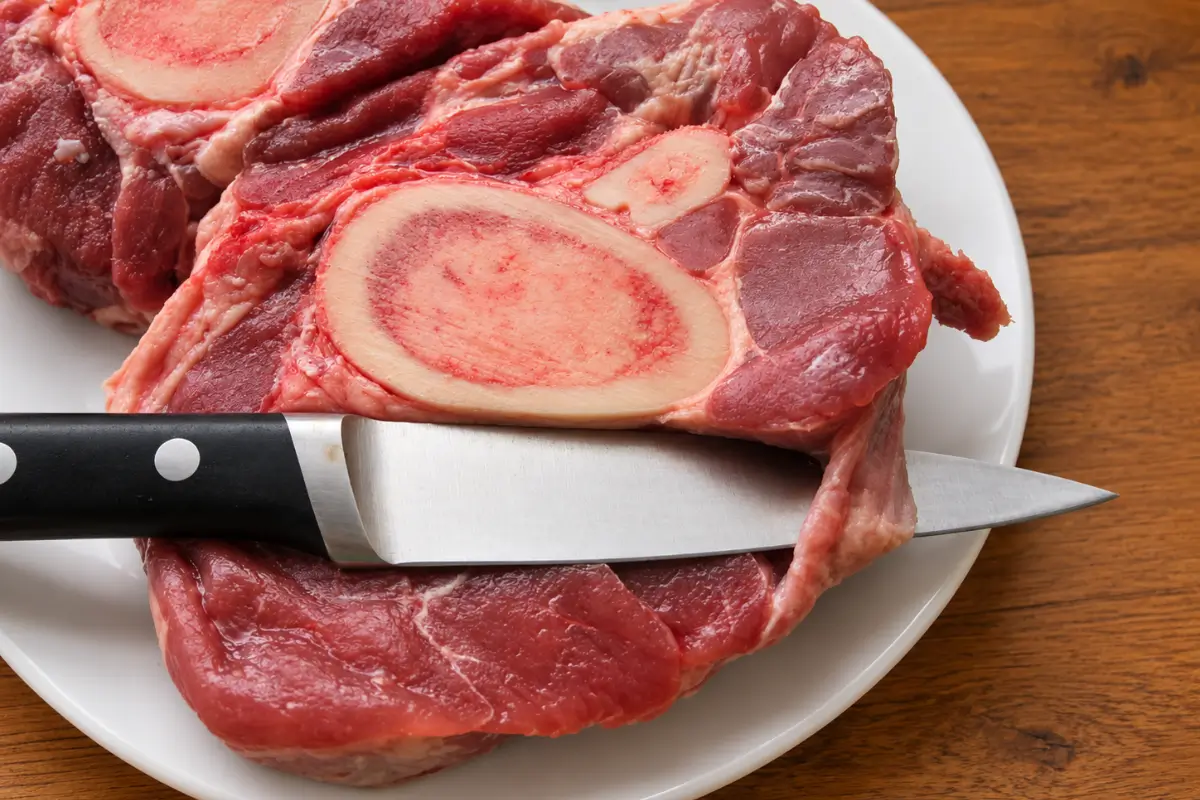 Veal shank with a knife used to cut around the outer membrane before cooking.