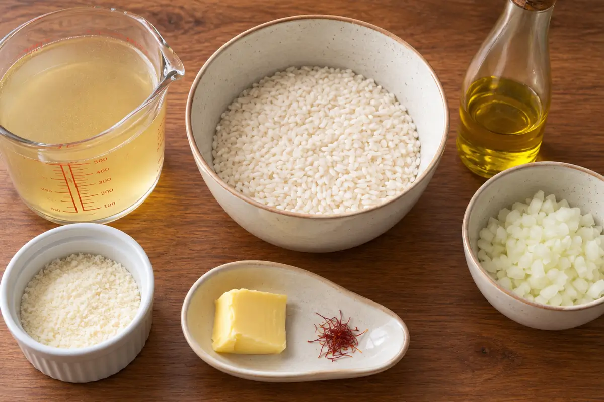 Rice, saffron, stock, onion, butter, olive oil and Parmigiano Reggiano for saffron risotto.