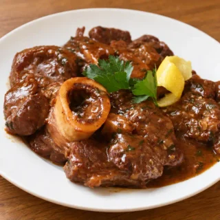 Ossobuco Milanese topped with parsley and lemon.
