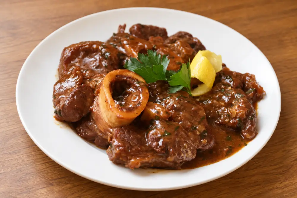 Ossobuco Milanese topped with parsley and lemon.