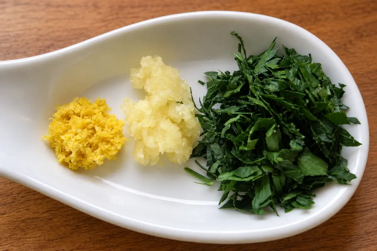 Fresh parsley, garlic and grated lemon zest prepared for gremolada.