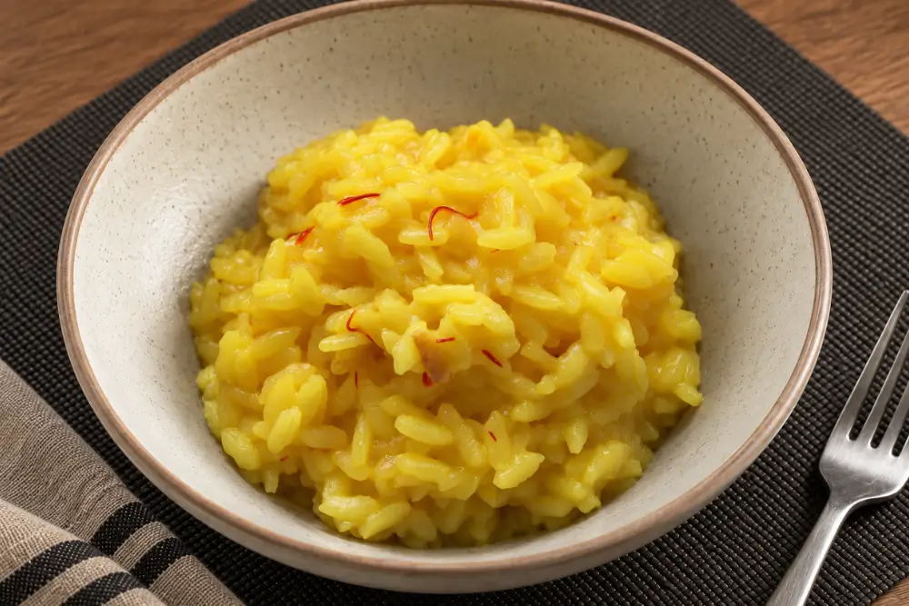 Creamy Risotto alla Milanese with saffron threads served in a bowl.