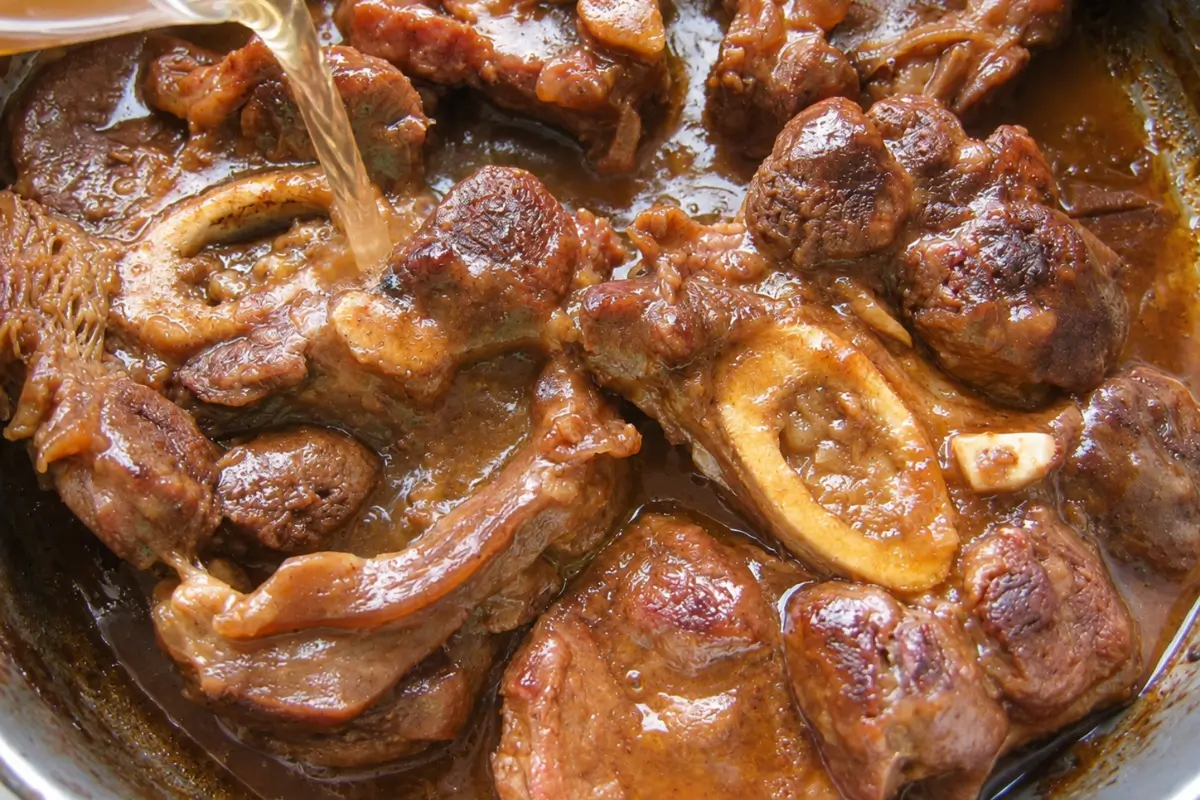 Beef stock poured over browned veal shanks during the braising process.