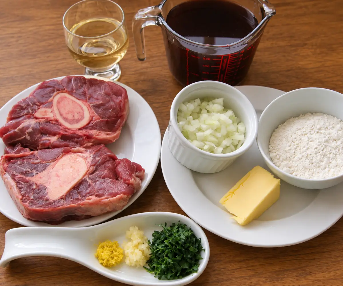 Raw veal shanks arranged with the ingredients for braising.