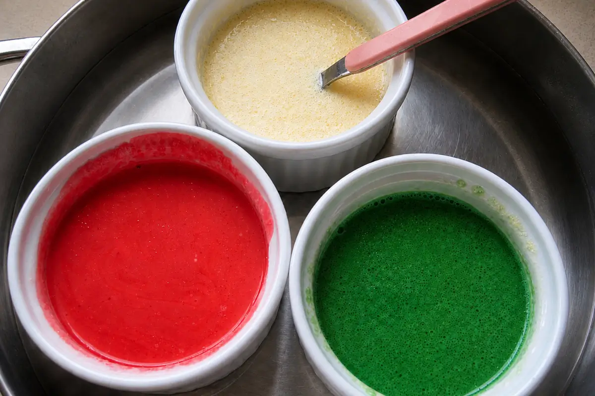Strawberry, vanilla, and mint panna cotta mixtures resting in warm water before layering.