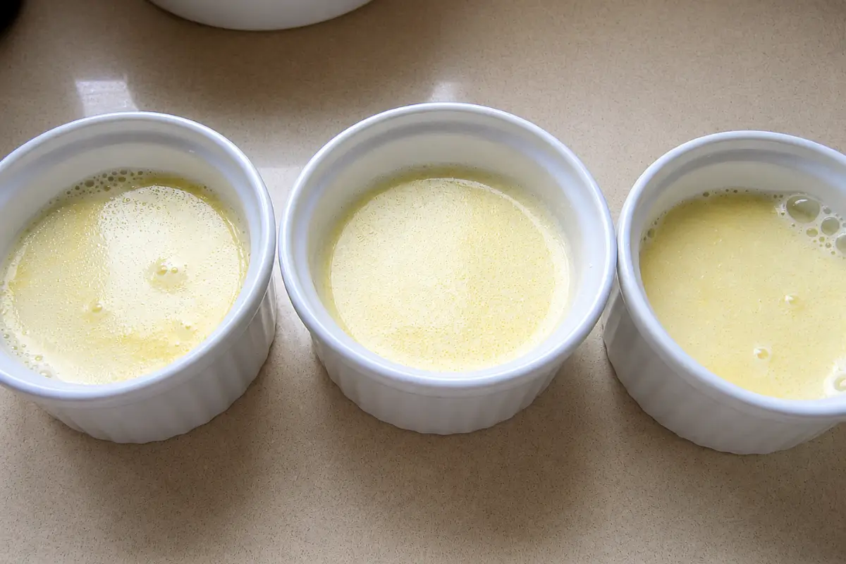 Warm panna cotta mixture divided into three small bowls.