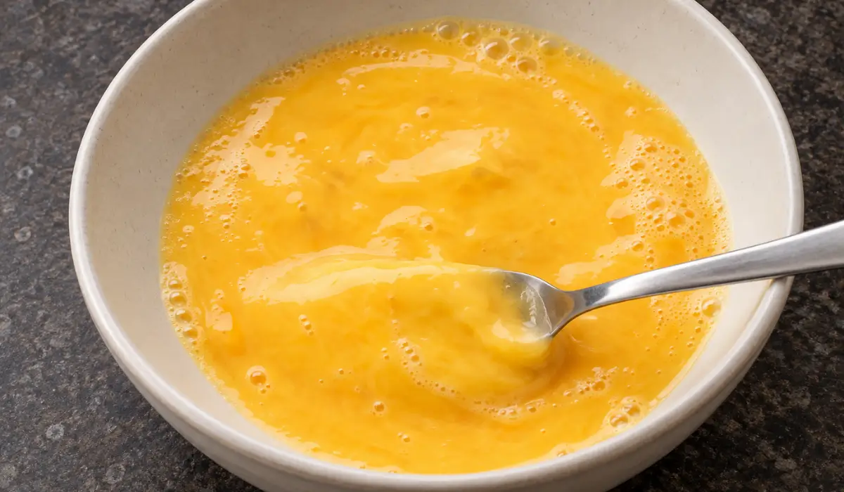 Eggs being whisked in a bowl with a fork.