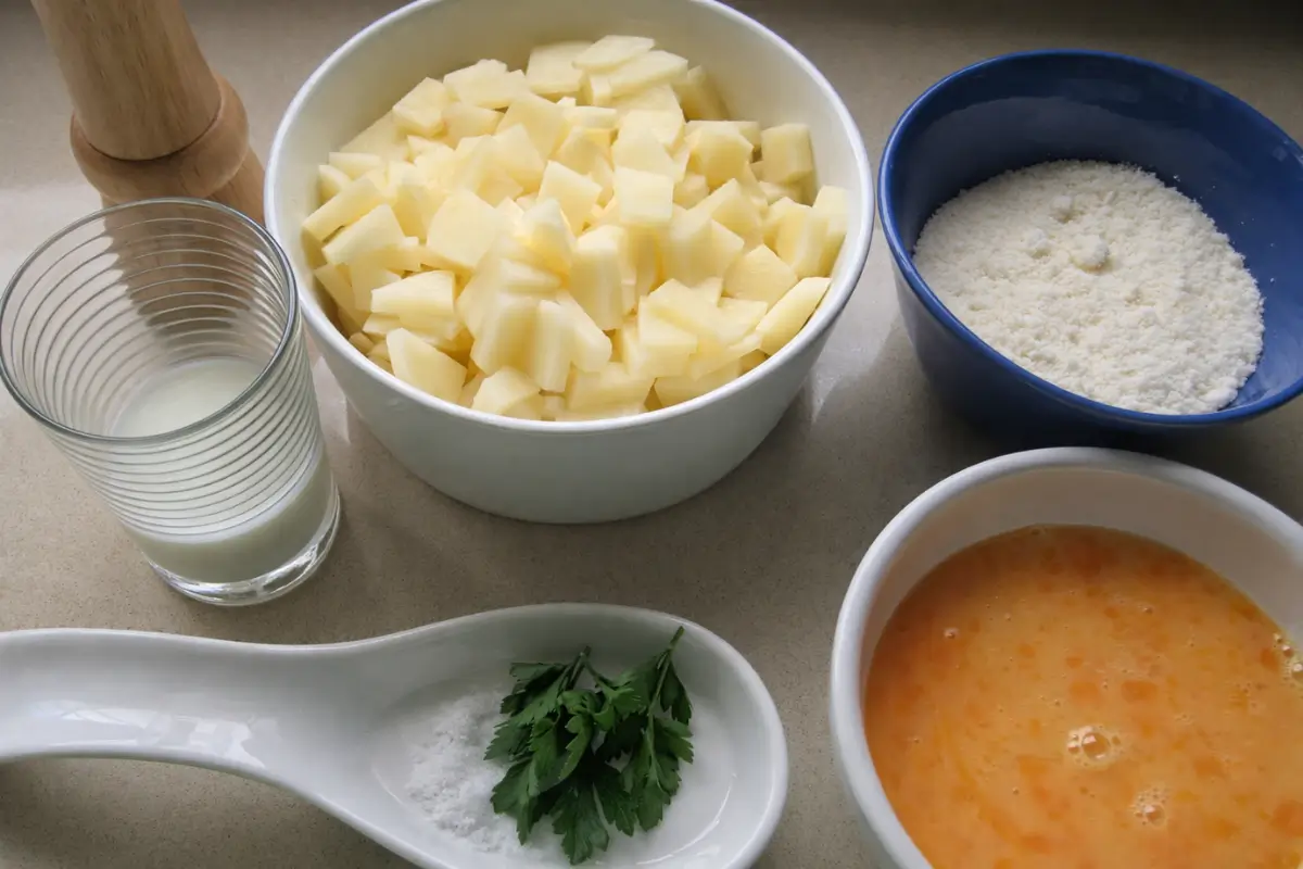 Ingredients for frittata di patate arranged on a counter.