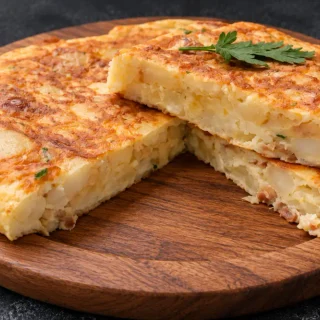 Sliced frittata showing the soft egg and potato centre.