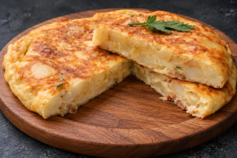 Sliced frittata showing the soft egg and potato centre.