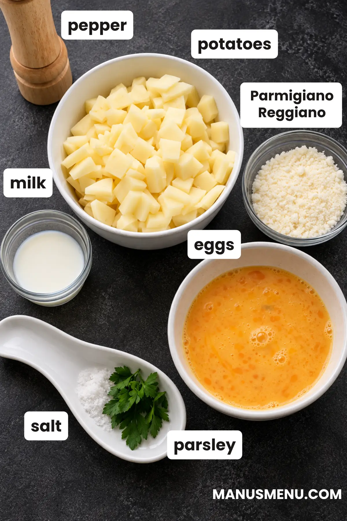 Ingredients for potato frittata, including potatoes, eggs, milk, cheese, parsley, salt and pepper.