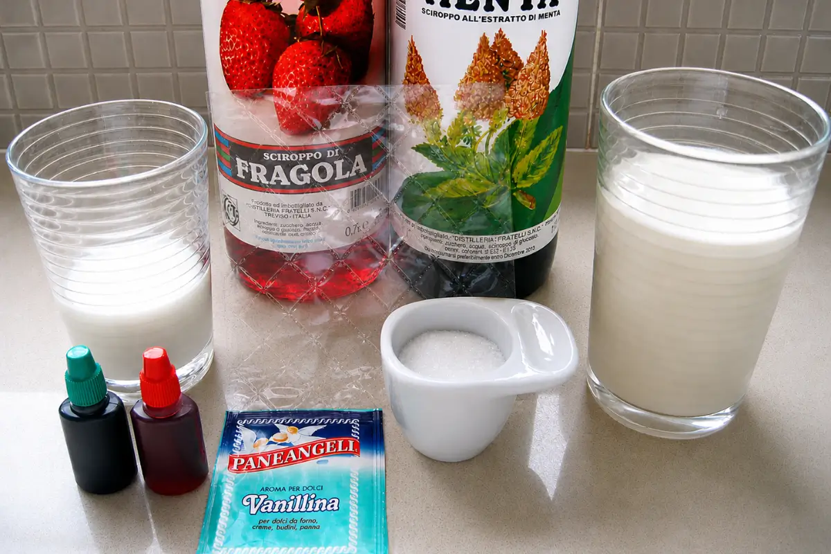 Cream, milk, sugar, syrups, vanillina, and food colouring prepared for layered panna cotta.