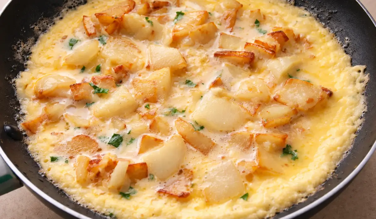 Potato and egg mixture cooking in a non-stick frying pan.