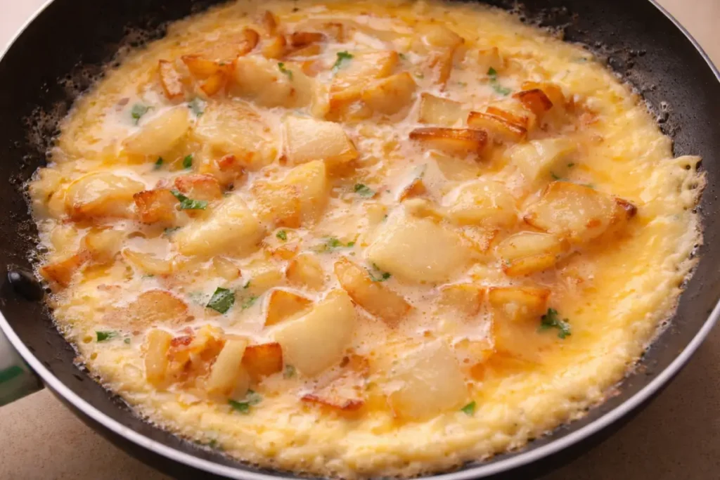 Eggs and milk being whisked together until smooth and slightly frothy.