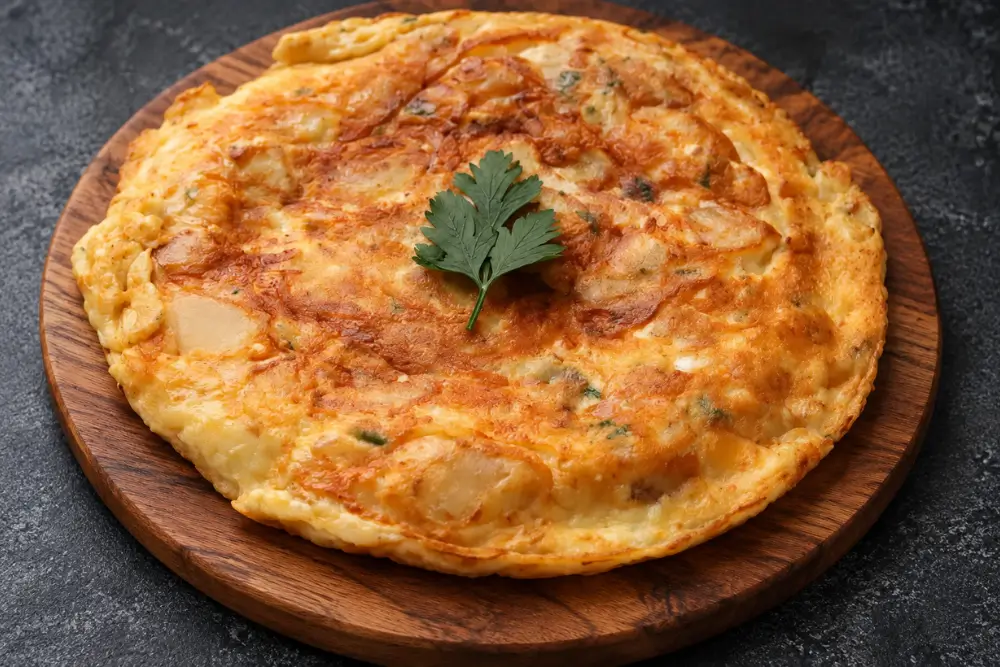 Potato Frittata Golden potato frittata topped with fresh parsley on a wooden serving board.