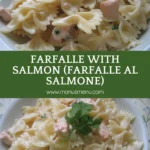 Creamy farfalle pasta with salmon and parsley garnish.