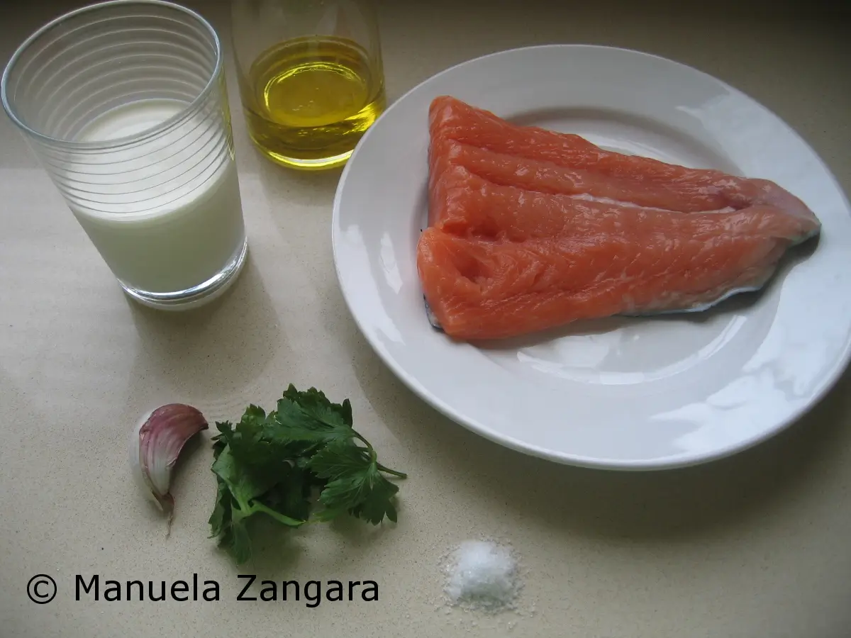 Ingredients prepared for Farfalle with Salmon.