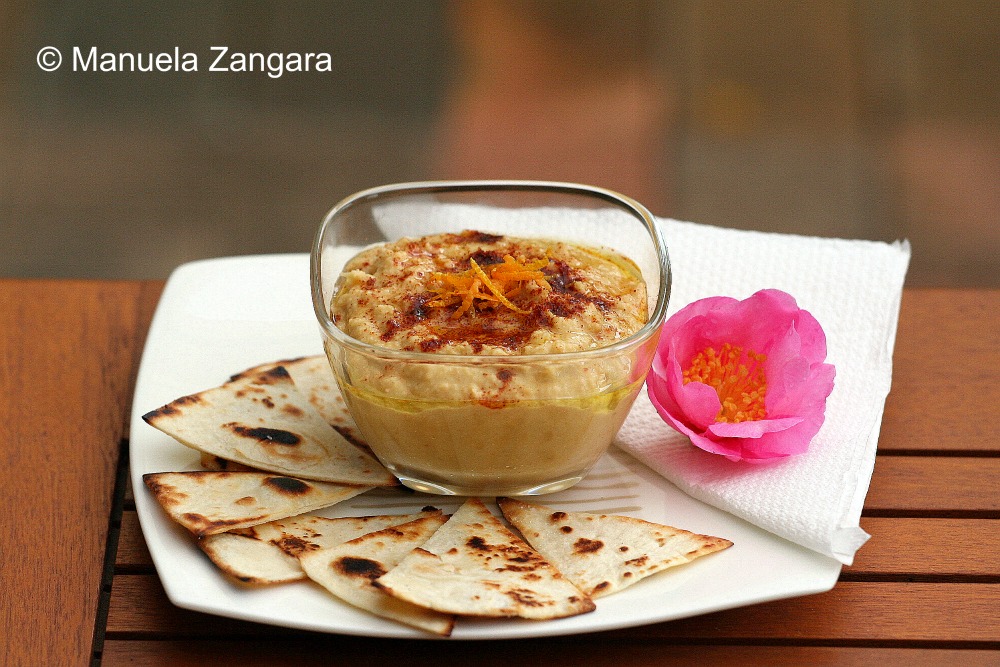 Orange Hummus with tortilla chips