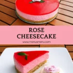 Chilled cheesecake with glossy pink topping and fondant rose decoration on a wooden table.