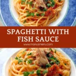 Overhead shot of plated spaghetti with tomato sauce, cooked fish, pepper, and parsley.