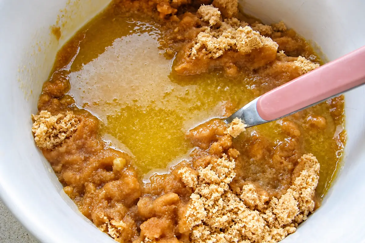 Biscuit crumbs mixed with melted butter for the cheesecake base.
