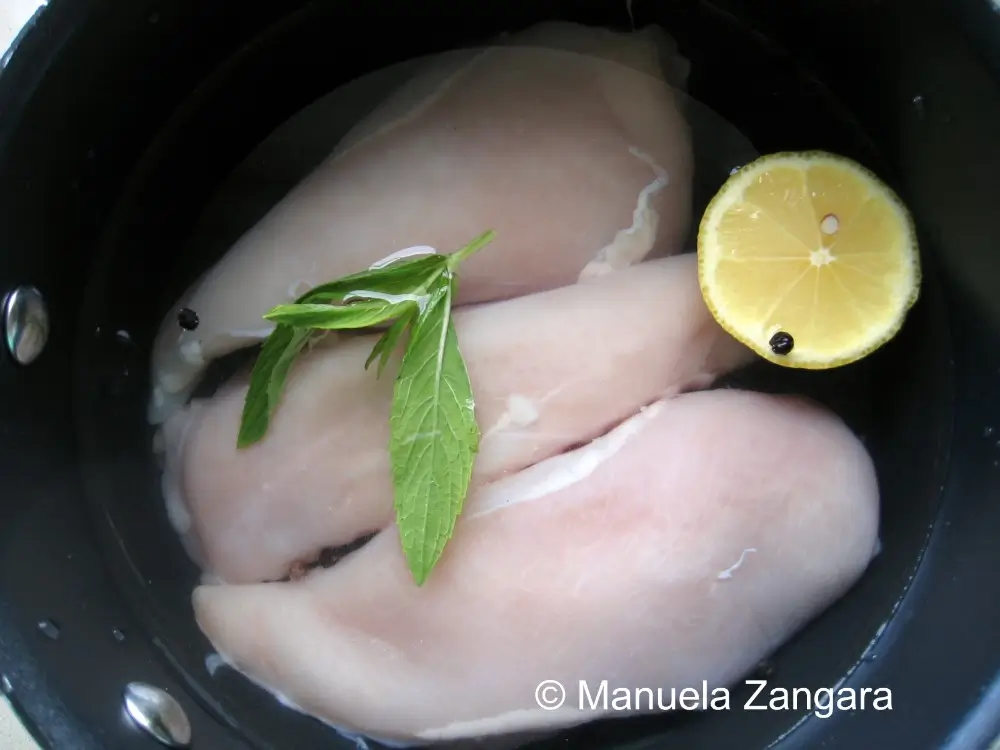 Chicken breasts in a pot with water, lemon, mint, and peppercorns.