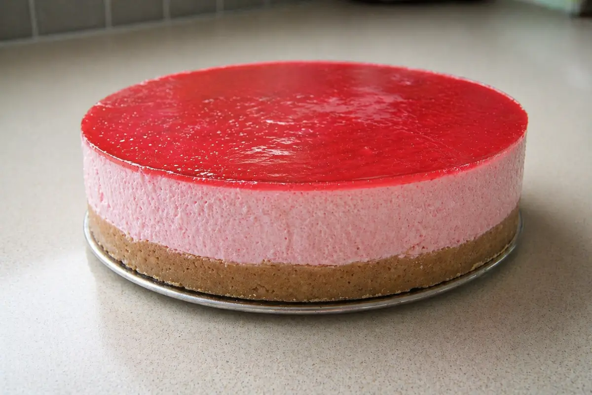 Chilled cheesecake with pink filling and glossy rose topping before decorating.