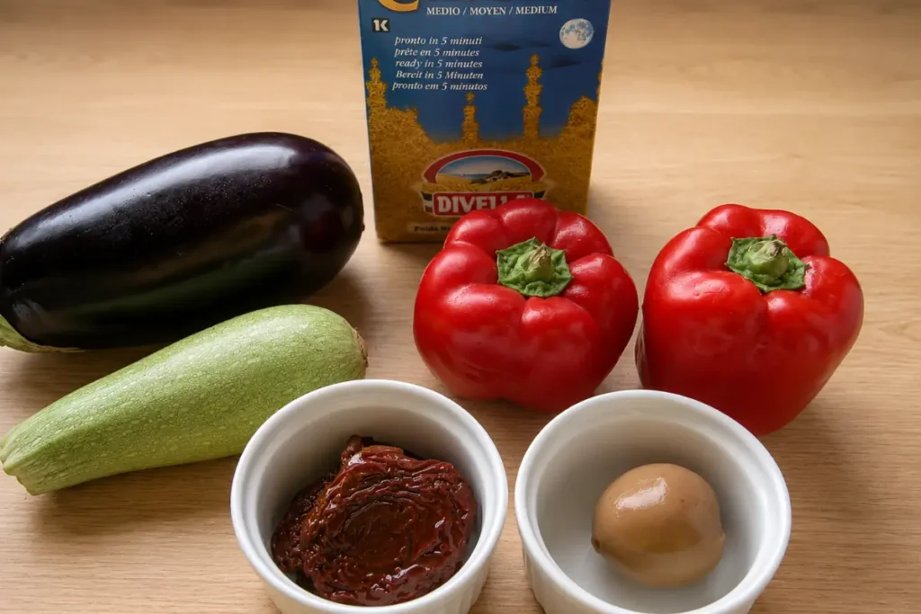 Ingredients for roasted vegetable couscous salad arranged on a work surface.