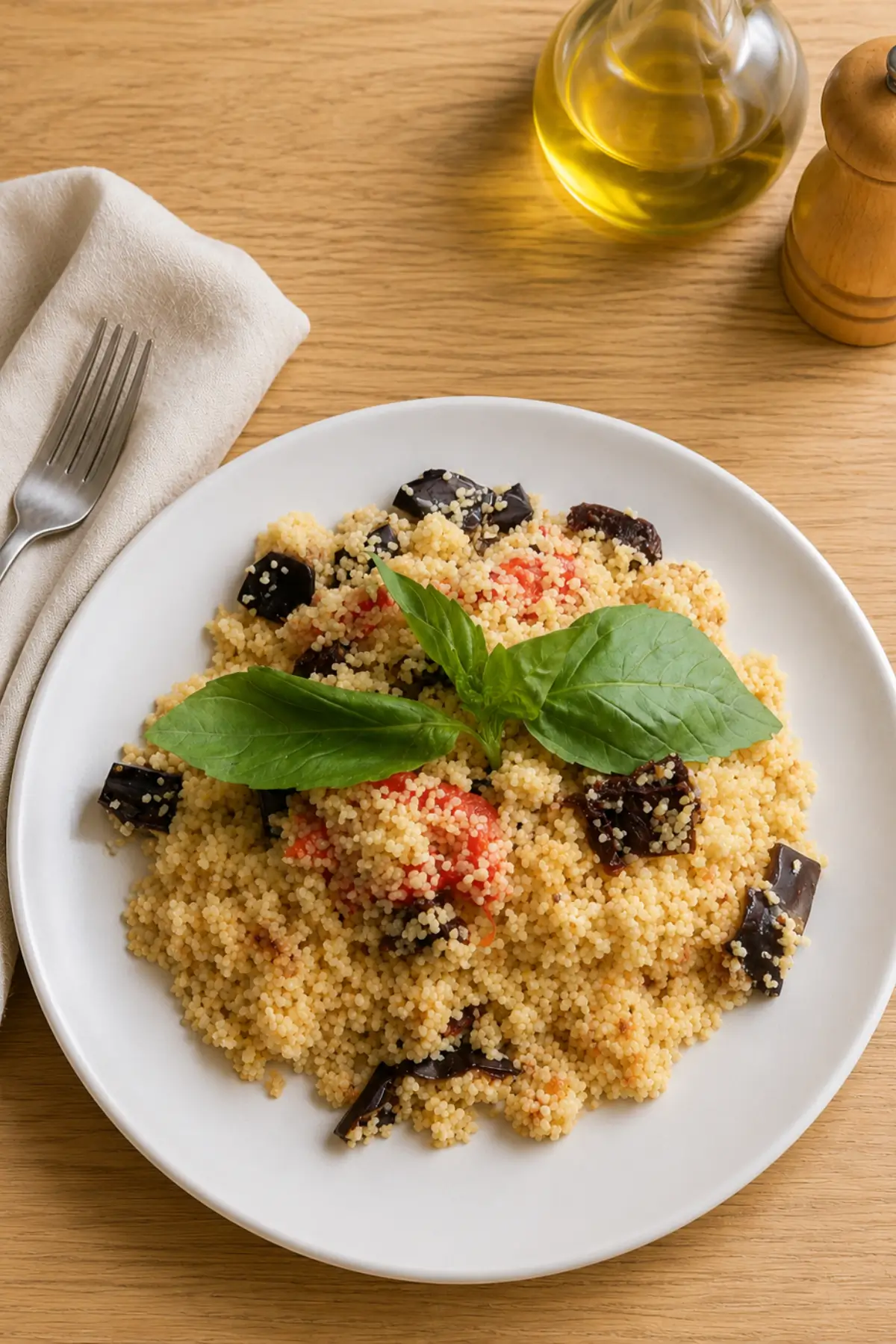 Cooked couscous with roasted vegetables arranged on a white serving plate with fresh basil.