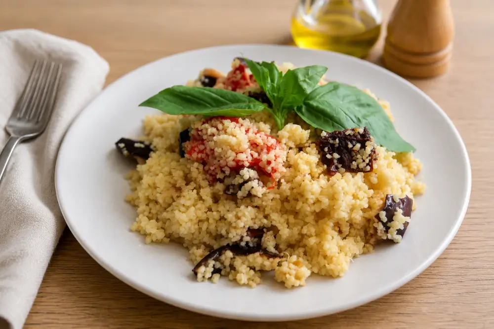 Couscous Salad served on a white plate and garnished with fresh basil leaves.