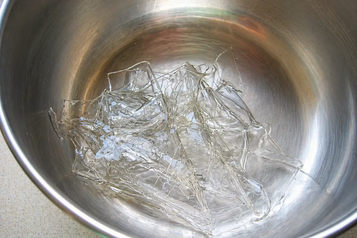 Gelatine sheets prepared for the chilled cheesecake filling and topping.