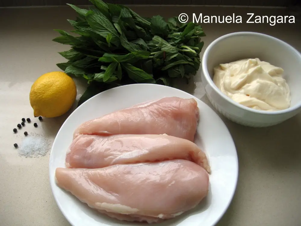 Fresh ingredients arranged for making poached chicken in mint sauce.