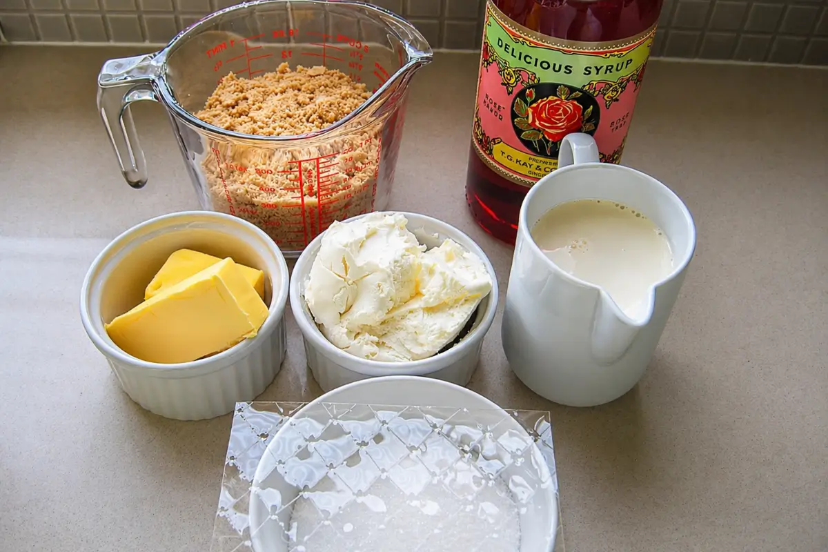 Cream cheese, rose syrup, biscuit crumbs, butter, cream, sugar, and gelatine for homemade cheesecake.