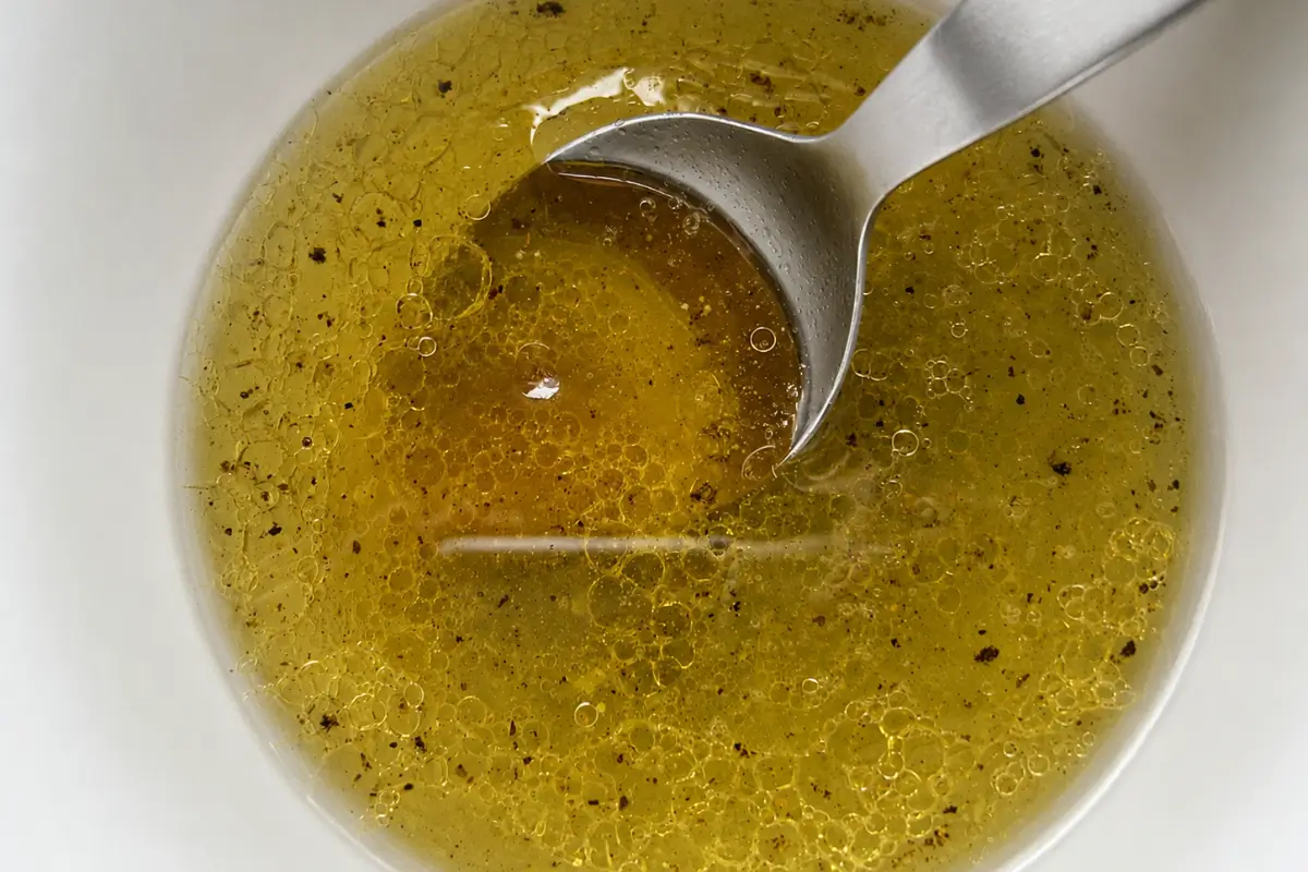 Lemon vinaigrette whisked with olive oil, honey, salt, and black pepper.