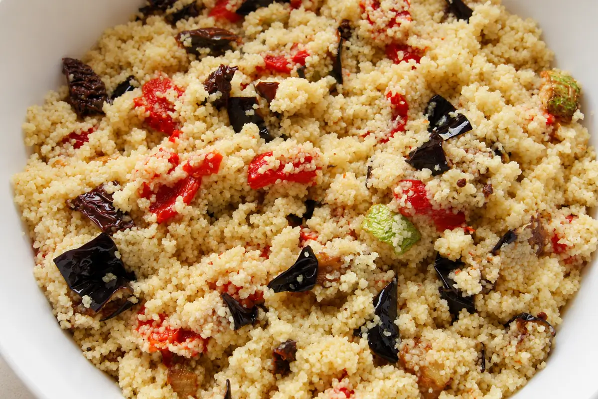 Close-up of couscous mixed with roasted capsicums, eggplant, zucchini, and semi-dried tomatoes.