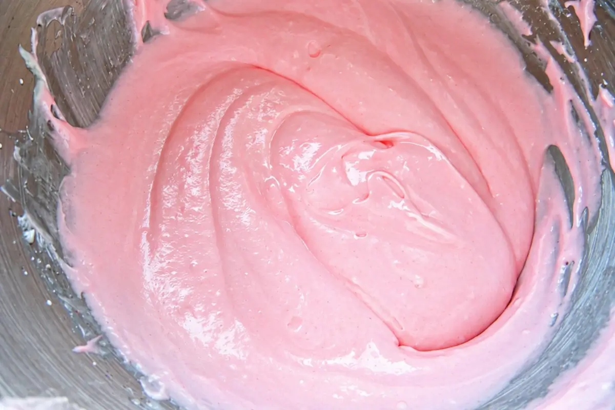 Smooth rose cheesecake filling mixed until creamy and evenly coloured.