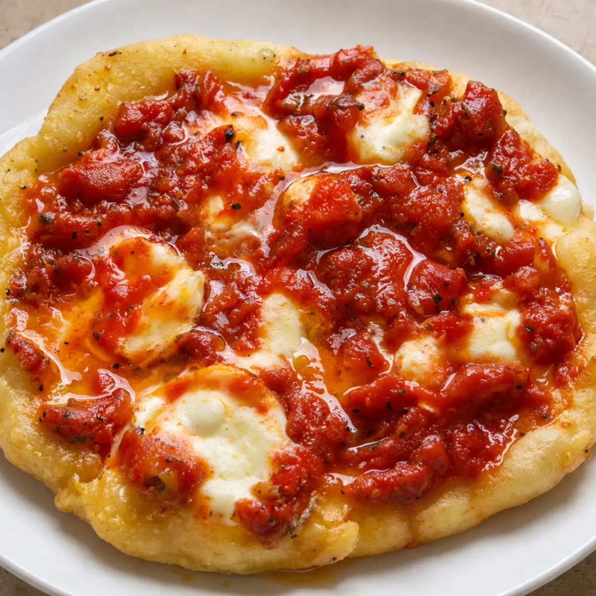 Pizza Fritta topped with tomato sauce and melted mozzarella on a golden base.