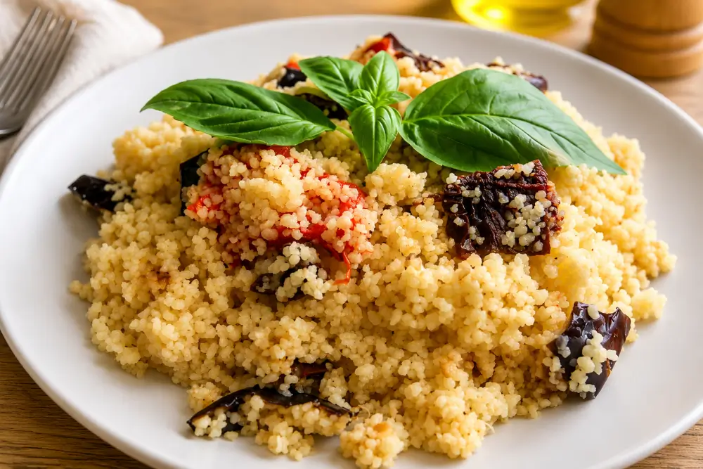 Cooked couscous with roasted vegetables served on a white plate and topped with fresh basil.