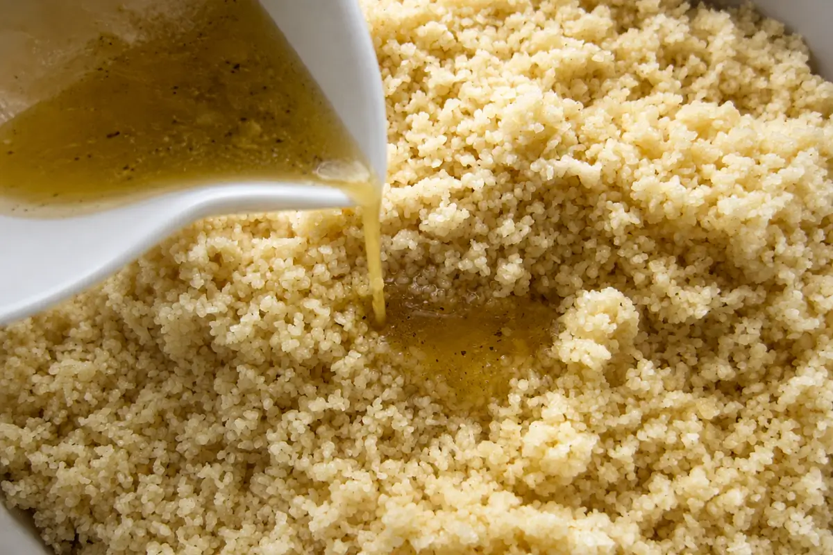 Lemon vinaigrette being poured over cooked couscous before mixing.