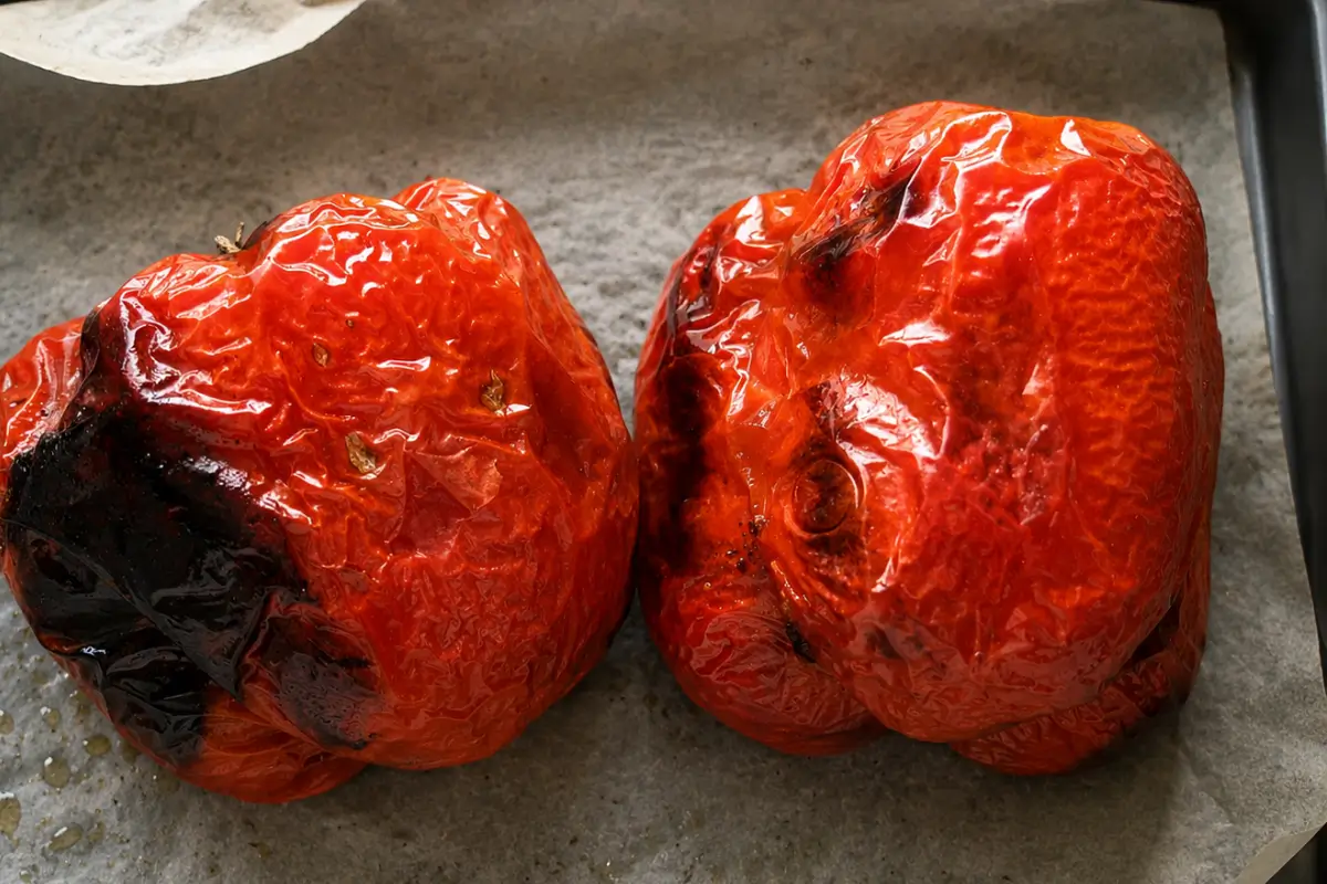 Roasted red capsicums resting on baking paper after cooking.