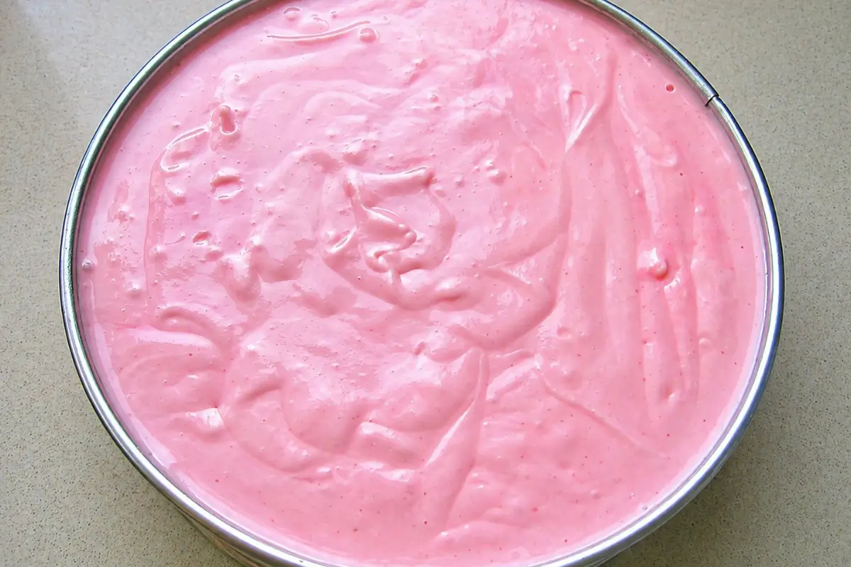 Rose cheesecake filling spread evenly in a springform pan before chilling.