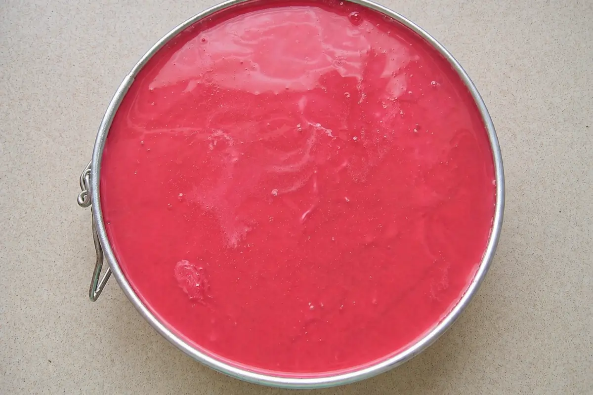Rose syrup topping spread evenly over the chilled cheesecake before refrigerating.