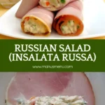 Close-up of Russian Salad wrapped in ham slices and served on a white plate.