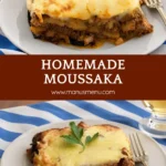 A plated Greek eggplant bake with browned béchamel, meat sauce, and parsley.